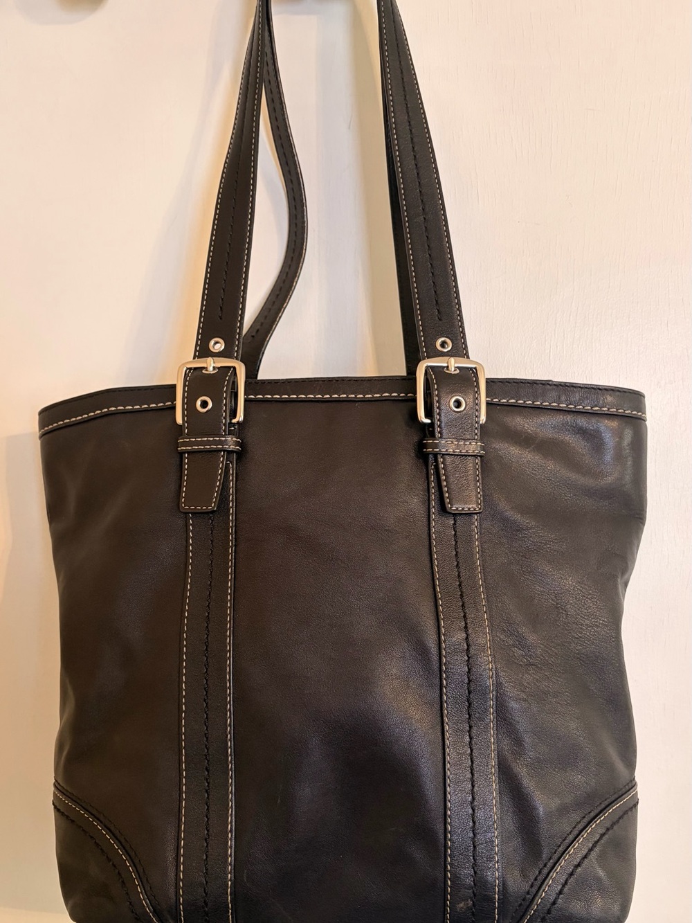 Coach Black Leather Shoulder Tote with Buckle Straps - Picture 2 of 9